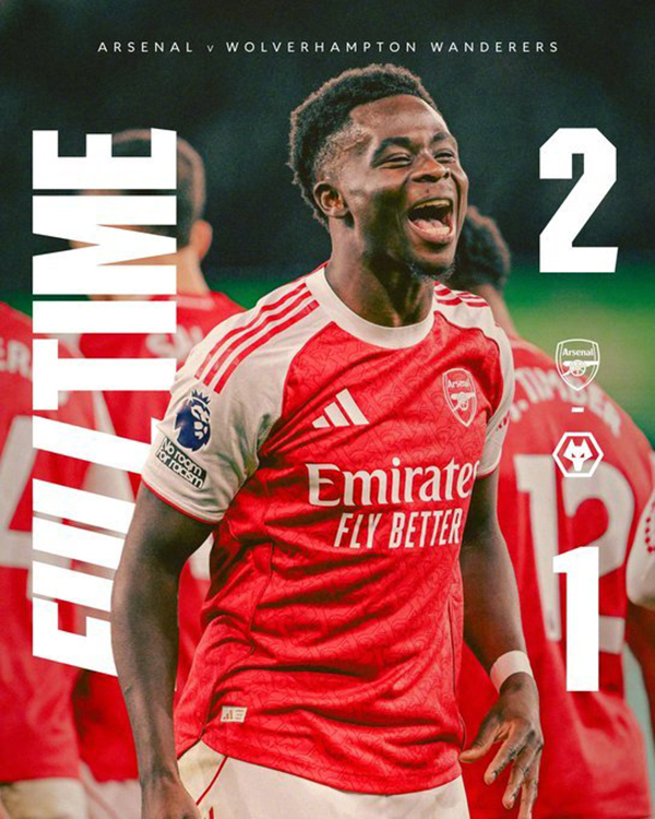 英超-阿森纳2-1绝杀狼队 萨卡造乌龙绝杀+两造乌龙